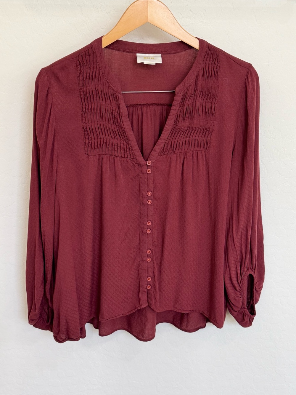Maeve Anthropologie Burgundy Pintuck Pleated Boho Peasant Blouse Top Size 12